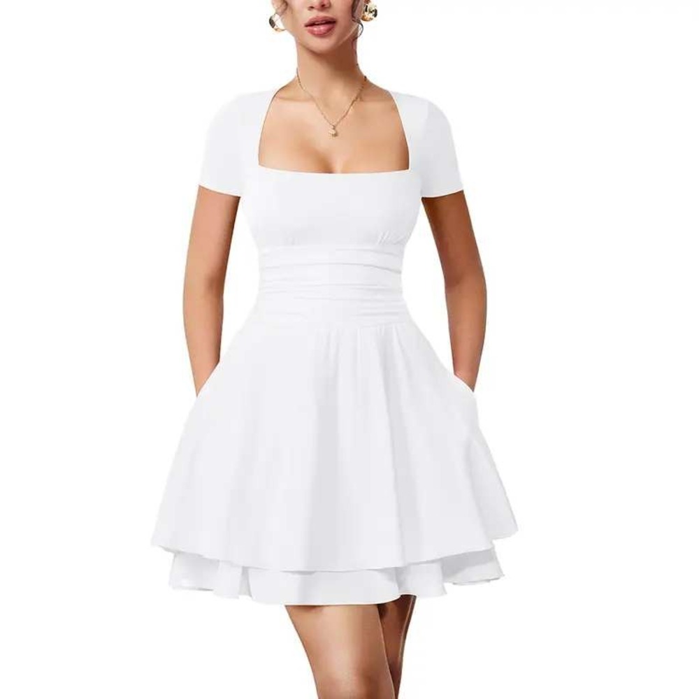 OYS White Ruched Square Neck Mini Dress Size M NWT Fairy Balletcore